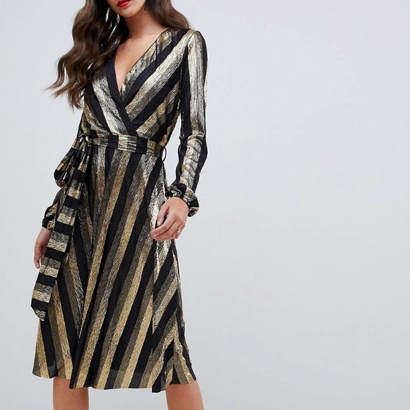flounce london Dresses & Skirts - Black and Gold Metallic Midi Wrap Dress